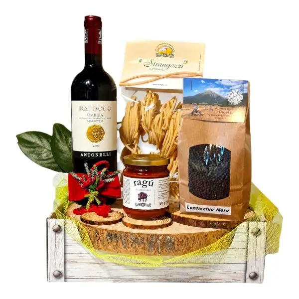 confezione cesto regalo norcia con pasta, ragu, lenticchie nere e vino