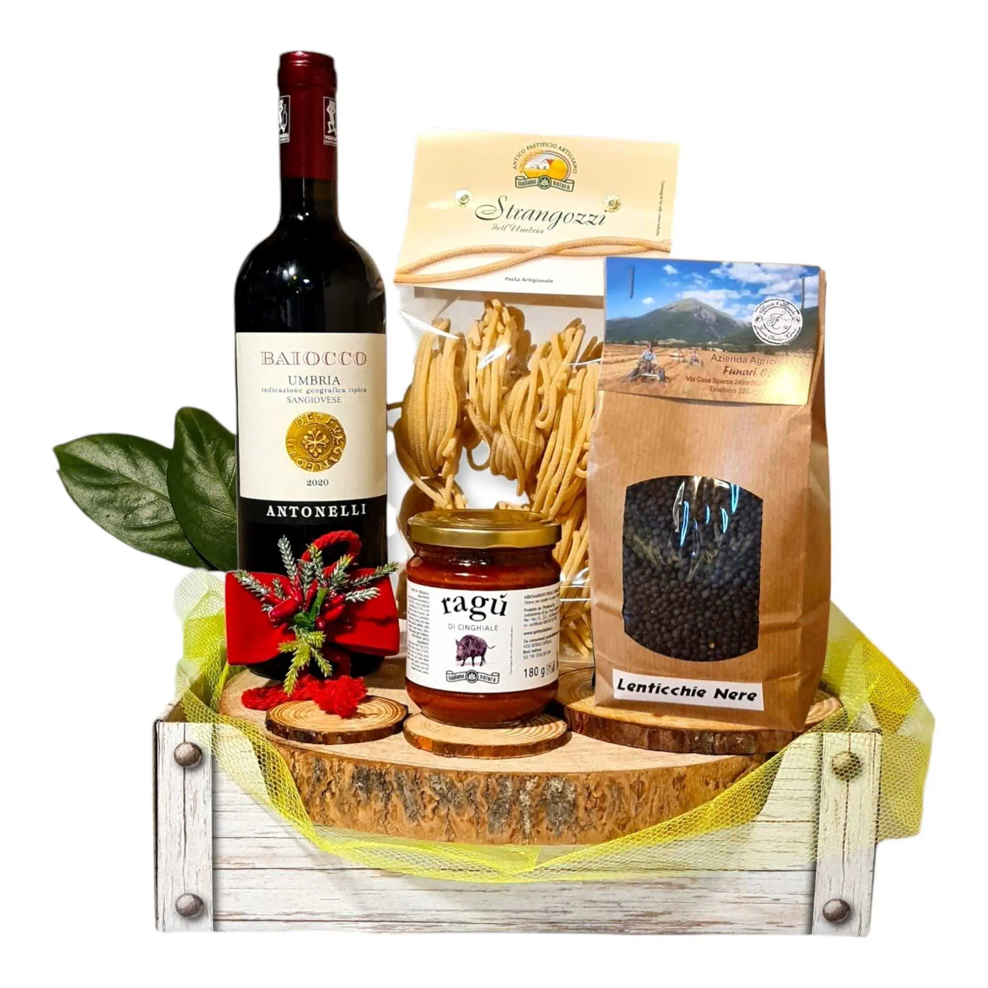 confezione cesto regalo norcia con pasta, ragu, lenticchie nere e vino